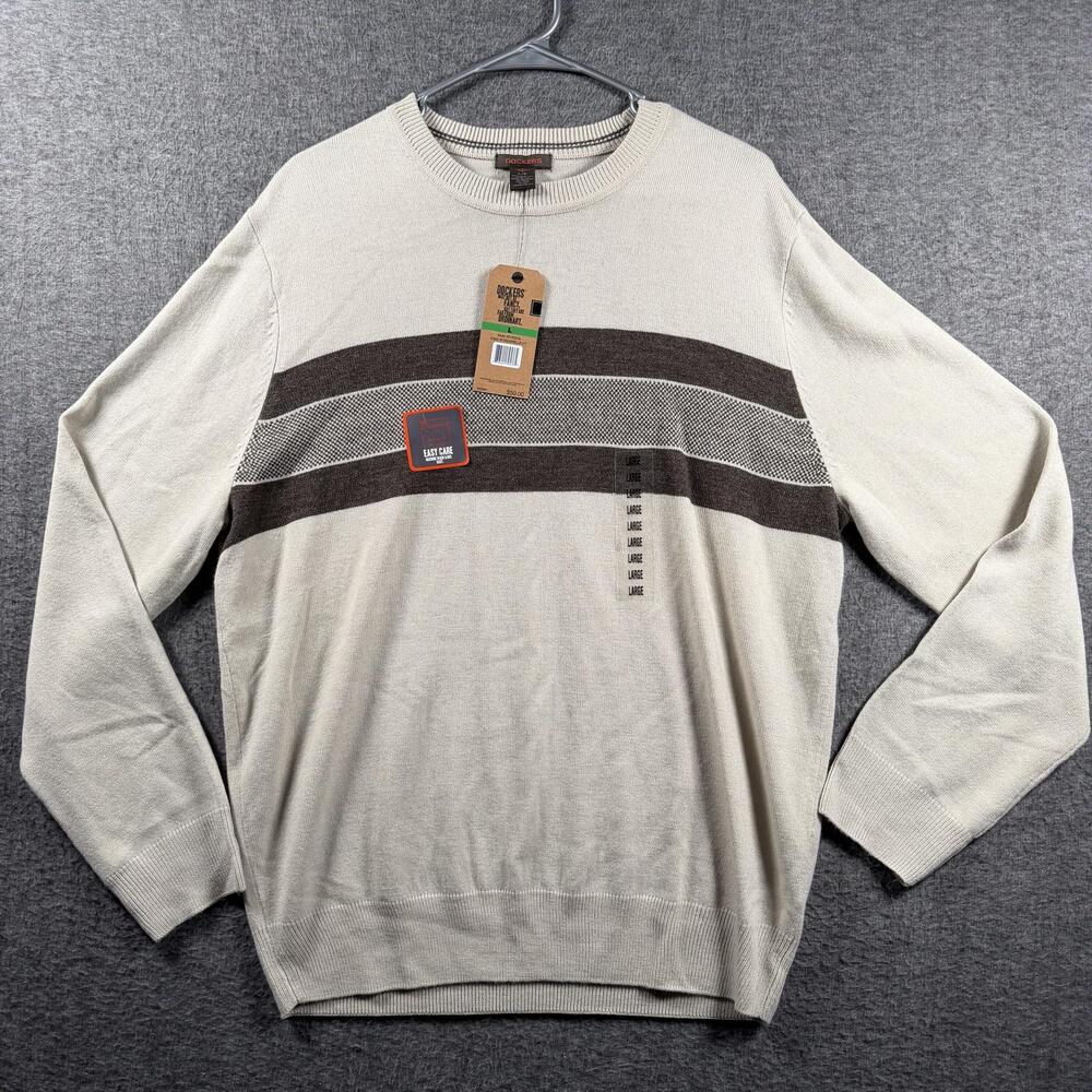 Dockers Sweater Mens Large Beige Brown Stripe Crewneck Knit Pullover Acrylic